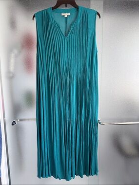 Woman Within Teal Pleated Sleeveless Midi Dress